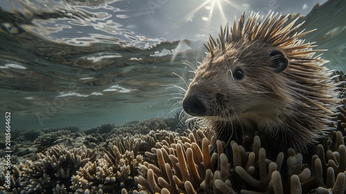 Underwater view of a sunlit, curious rodent among coral reef structures
