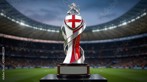 Professional football trophy featuring english flag emblem in stadium.