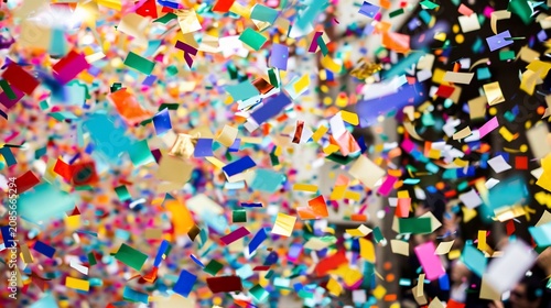 Vibrant confetti explosion showers from above, a colorful celebratory scene