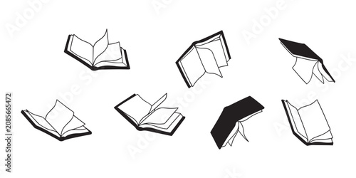Foto hand drawn book line art style illustration, flying book effect cartoon