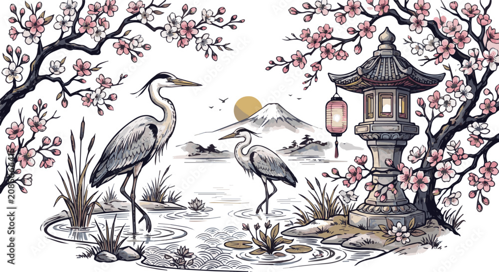 Fototapeta premium Generated on Hand drawn Heron birds with japanese lantern pagoda and sakura flowers, elegant long leg birds in asian culture vector art on white background