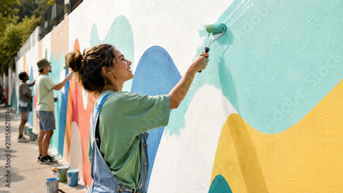 Friends Painting Colorful Community Mural Together
