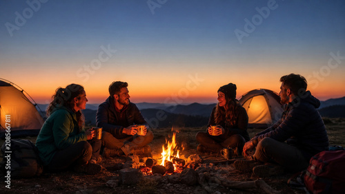 Friends Around Campfire At Twilight Campsite