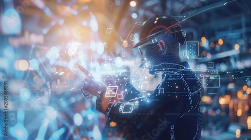 Worker in a factory interacts with digital data overlays, futuristic tech concept