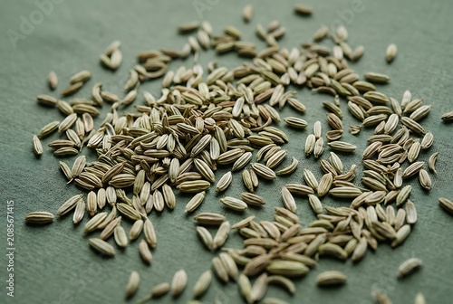 dried fennel seeds scattered on a green textured surface