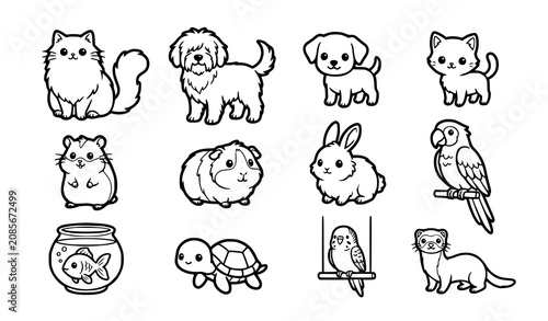 Cuadro en lienzo Cute kawaii domestic pet animals collection line art vector coloring page