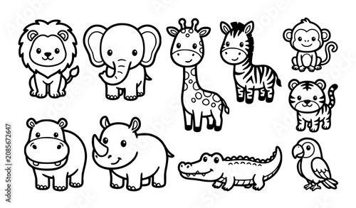 Photography Cute safari jungle animals cartoon line art icon collection vector set
