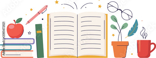 Bild auf Leinwand Open Book Flat Vector Illustration with Stacked Notebooks, Coffee Cup, Glasses,