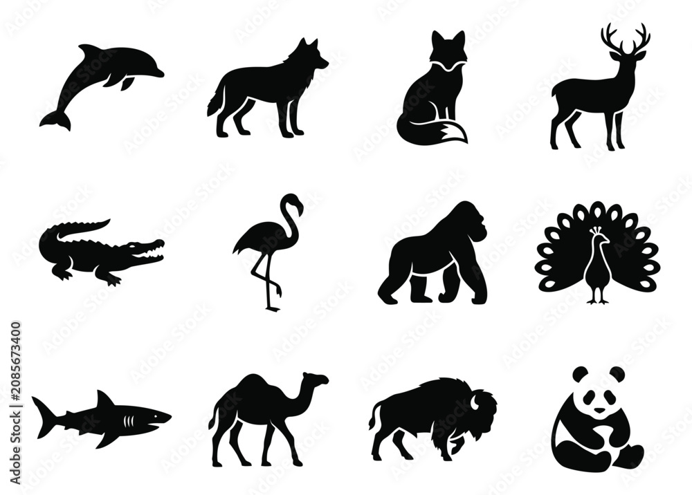 Obraz premium Silhouette icon set of 12 wild animals featuring dolphin, wolf, fox, deer, crocodile, flamingo, gorilla, peacock, shark, camel, bison and panda for nature design