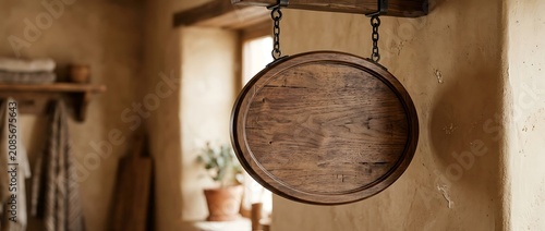 Rustic oval wooden hanging sign in a cozy vintage interior