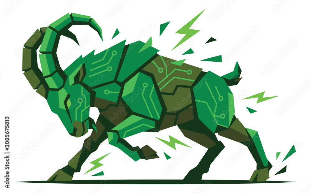 Fototapeta premium Geometric cartoon illustration of a cyberpunk ram depicting a charging robotic goat with circuit board patterns for technology and gaming design