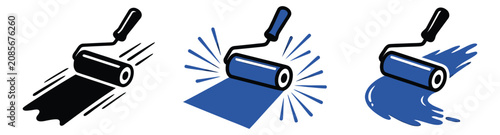 Flat icon set of 3 paint roller illustrations featuring silhouette, bold color and sketch styles for home renovation design