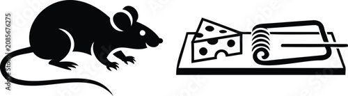 Bild auf Leinwand Black silhouette of a mouse near a cheesebaited mousetrap on a transparent backg