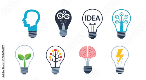 Set of lightbulb icons with various conceptual symbols inside like a brain, gears, and a plant representing creativity and green energy.