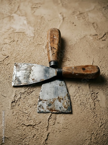 Two Vintage Putty Knives Crossed on Textured Plaster Surface