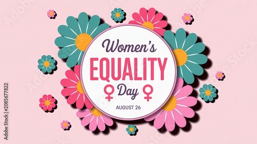 Women's Equality Day concept with flowers on pink background