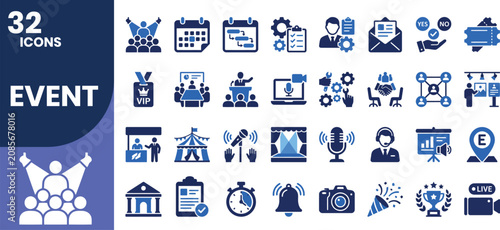 Professional blue and navy blue event solid icon set featuring calendars, conferences, meetings, tickets, festivals, webinars, networking, event planning, and celebration symbols.