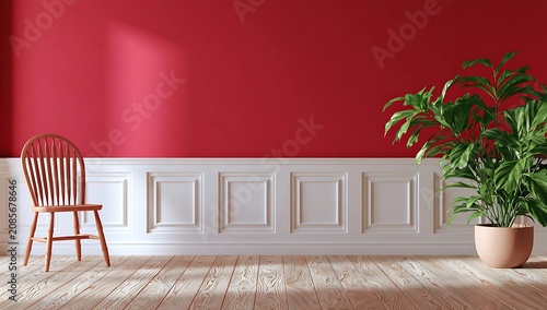 Minimalist interior with a wooden chair and a potted plant against a red wall.