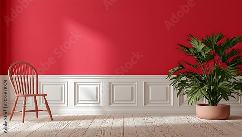 Minimalist interior with a wooden chair and a potted plant against a vibrant red wall.
