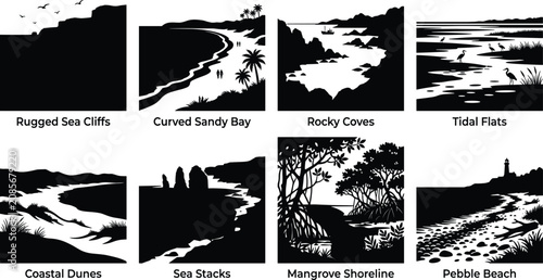 Konstfotografi Collection of coastal landform silhouettes including cliffs, bays, dunes, stacks