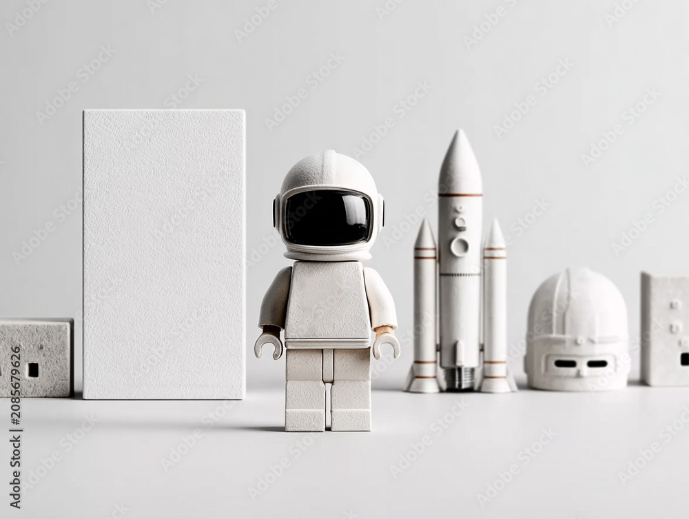 Obraz premium Monochrome Lego-style astronaut and rocket next to architectural dome, space exploration, futuristic design, graphic concept.