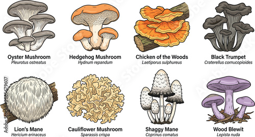 Collection of illustrated edible mushroom species with scientific names including oyster, lion’s mane, hedgehog, and cauliflower fungi