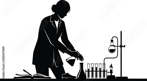 Bild auf Leinwand Female scientist working in laboratory silhouette vector illustration with flask