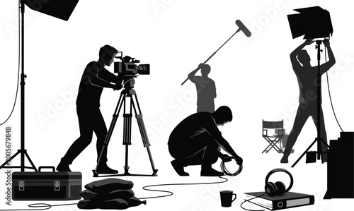 Obraz na płótnie Film crew working on movie set silhouette vector illustration with camera operat