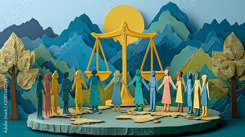 Papercraft scene depicting diverse people gathered around scales of justice under a large sun and mountains.