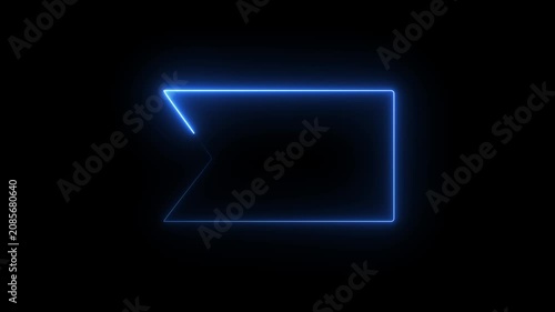 Glowing blue neon light trail drawing flag shape on black background motion graphic video.