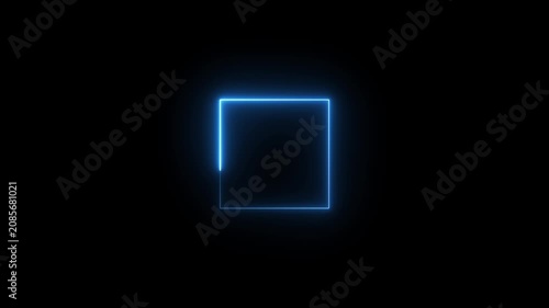 Neon blue square frame animation light glowing border effect isolated on black background.
