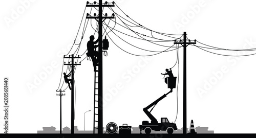 Fotografía Linemen working on utility power poles silhouette vector illustration of electri