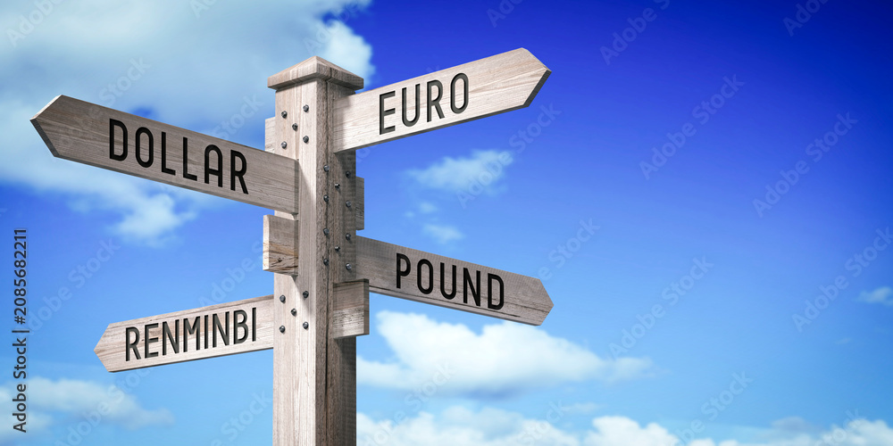 Fototapeta premium Dollar, Euro, Pound, Renminbi - wooden signpost with four arrows - 3D rendering