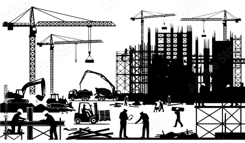 Construction Site and Building Under Development Silhouette Vector Set with Tower Cranes, Heavy Machinery, and Workers for Industrial Engineering Graphics