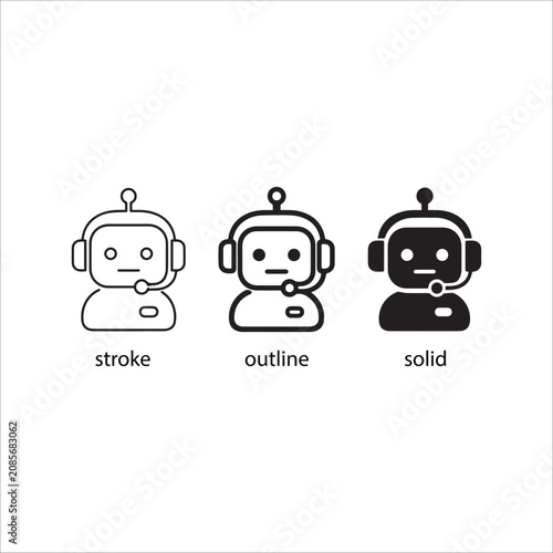  AI Chatbot Customer Support Icon Set in Stroke, Outline and Solid Styles Virtual Assistant, Help Desk and Call Center Vector Collection