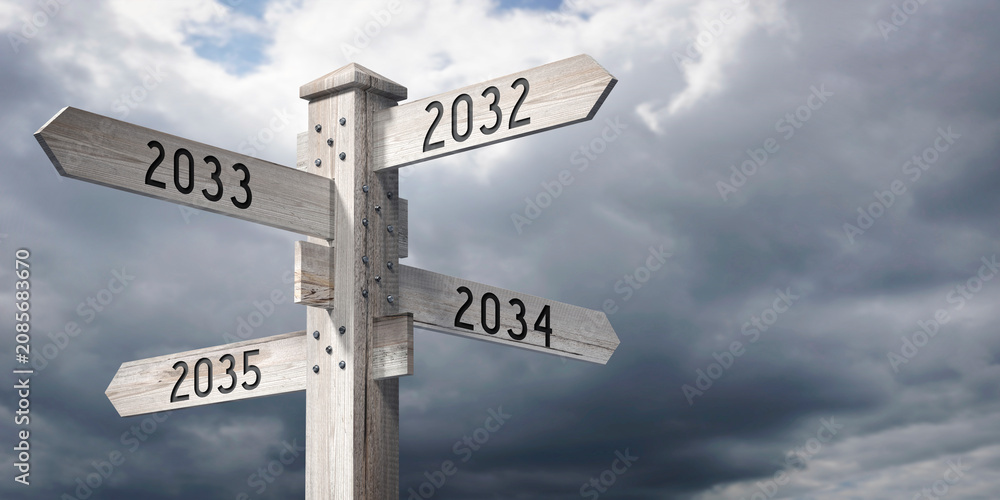 Fototapeta premium 2032, 2033, 2034, 2035 - wooden signpost with four arrows - 3D rendering