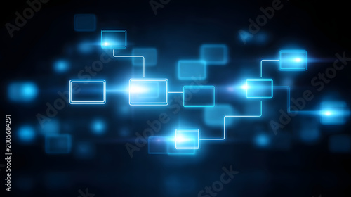 Abstract flowchart with glowing blue nodes and network connections.