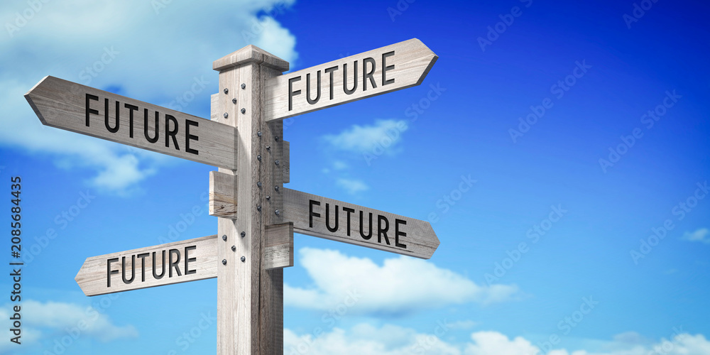 Fototapeta premium Future concept - wooden signpost with four arrows - 3D rendering