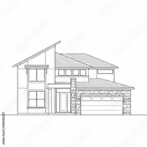 Modern Two Story House with Garage and Sloped Roof.