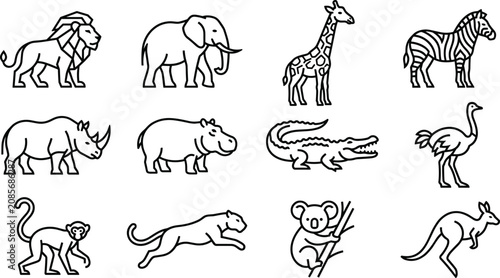 Canvas Print Wild Safari Animal Line Icon Set with Lion, Elephant, Giraffe, Zebra, Rhino, Hip