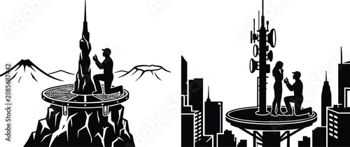 Cuadro en lienzo Silhouette of proposal scenes on mountain peak and urban city platform with ante