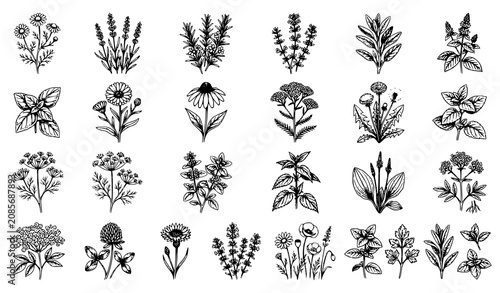 Canvas Print Hand drawn botanical flowers and medicinal herbs vector sketch set with vintage