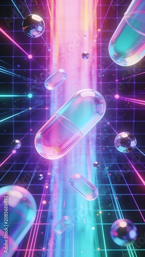 Retro Futuristic Vertical Data Stream with Floating 3D Vector Shapes on Aurora Fiber Optic Backdrop
