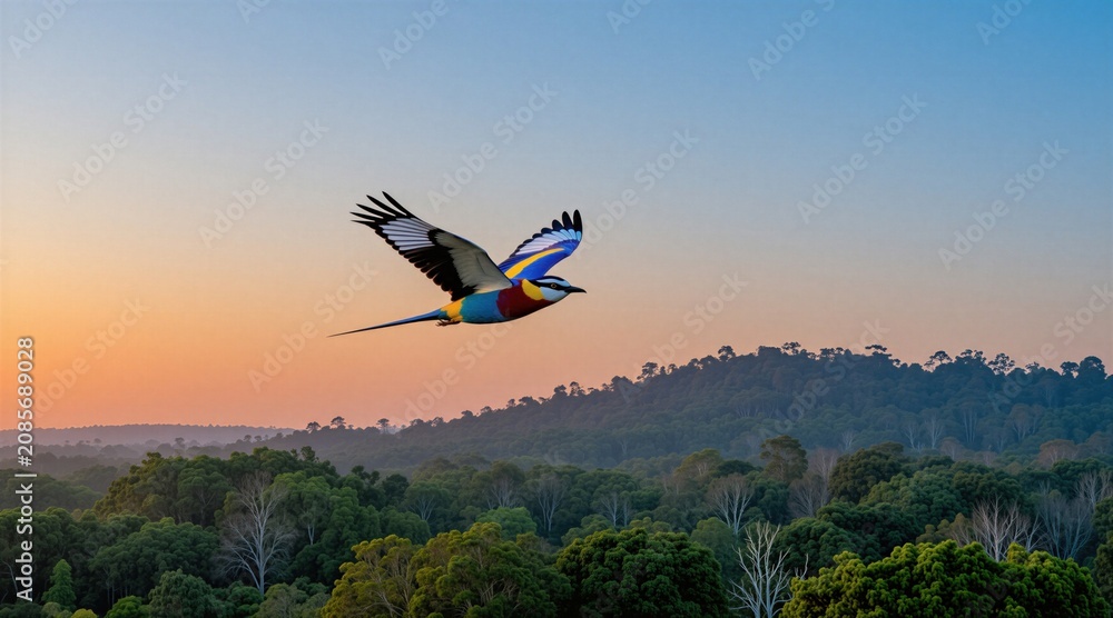 Fototapeta premium Colorful bird soars over rich forest canopy at sunrise. Wings spread wide against pastel sky. Nature scene shows wildlife in flight at dawn. Peaceful moment with serene woodland below.