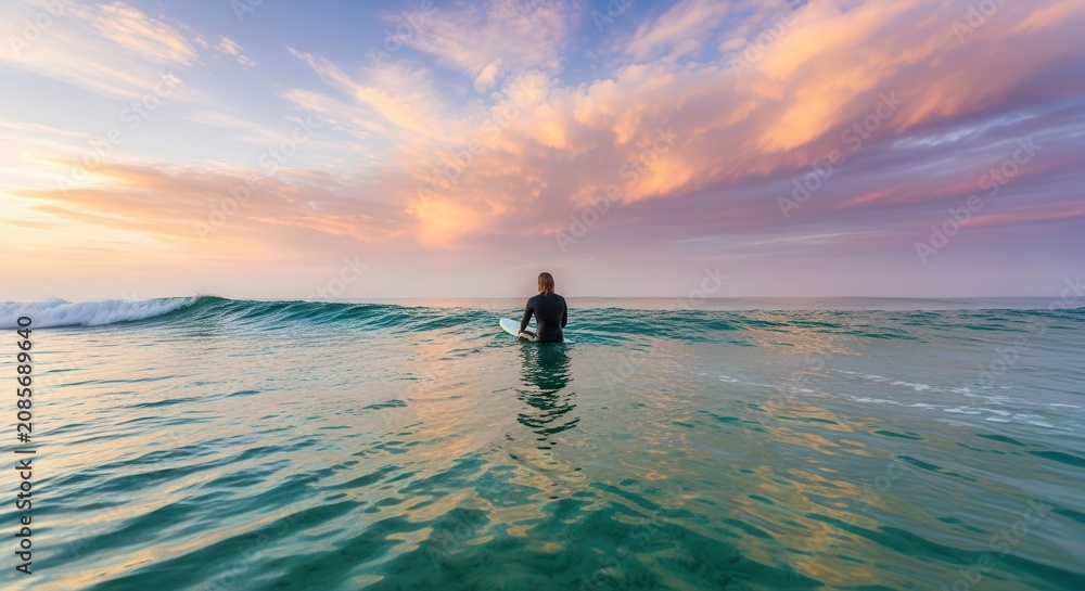 Fototapeta premium Silhouette Surfer Paddling on Calm Ocean at Sunset with Dramatic Sky Reflection