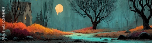Fantasy landscape: moonlit cottage, bare trees, vibrant autumn foliage, glowing stream. Ideal for autumn, holiday, mysterious, or magical book covers and designs.
