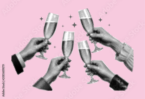 Pop Art Halftone Hands Holding Champagne Glasses Celebration Collage