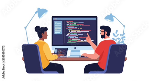 Diverse Software Developers Collaborating on Computer Code in Modern Office, Pair Programming Vector Illustration