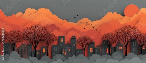 Paper art city with vivid orange clouds, bare trees, and glowing windows. Creates a cozy twilight mood for autumn, Halloween, or storybook designs.