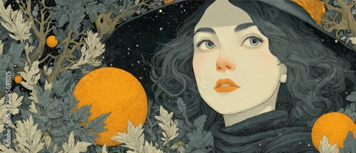 Captivating witch in a dark hat, with detailed botanical elements and glowing oranges. Perfect for fantasy, Halloween, or magical concepts needing a unique artistic touch.